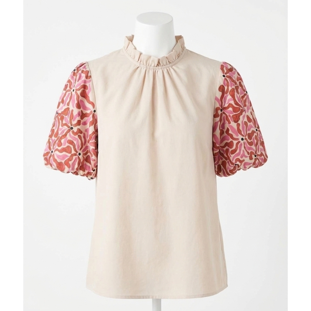 NEW ENTRO embroidered puff sleeve top in natural